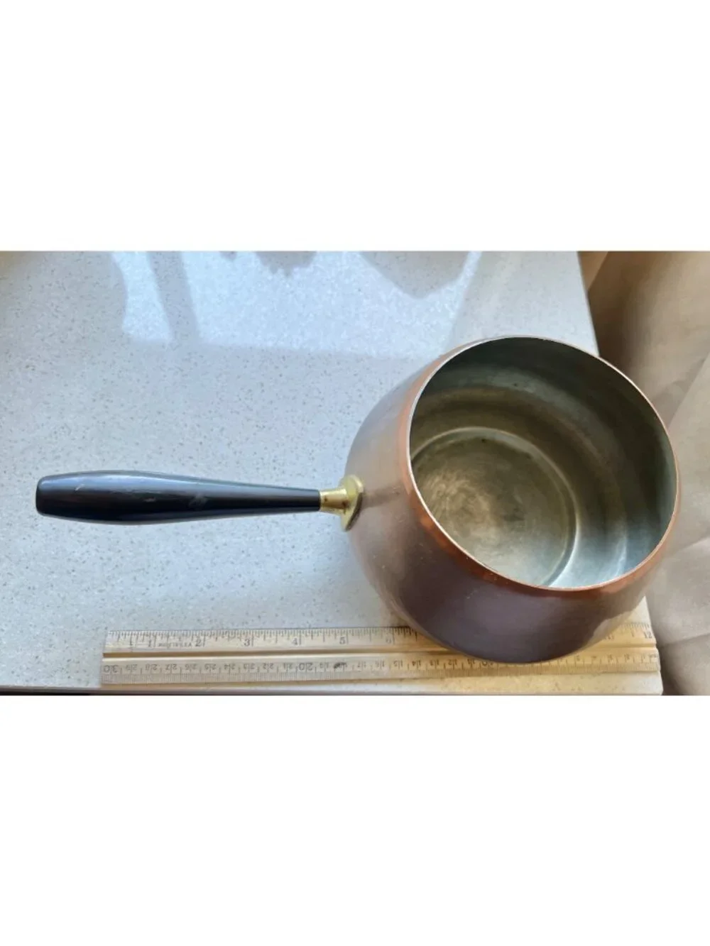 Copper Saucepan With Removable Black Handle & Brass Detail VTG French Country